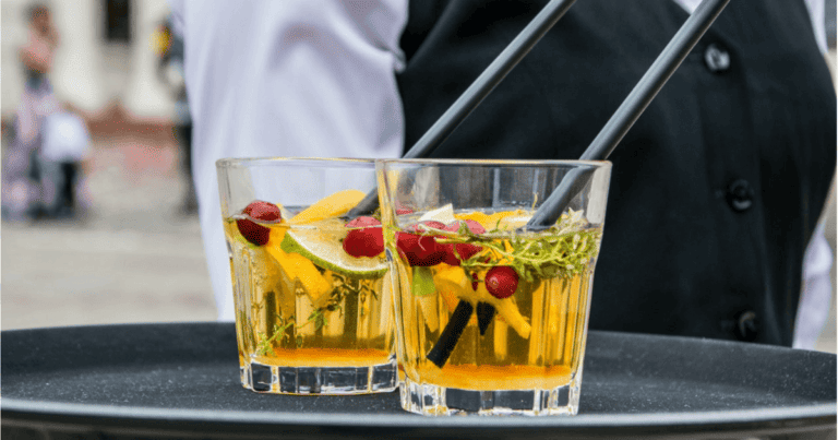 Two glasses of citrus and berry cocktails with fresh fruit garnishes.